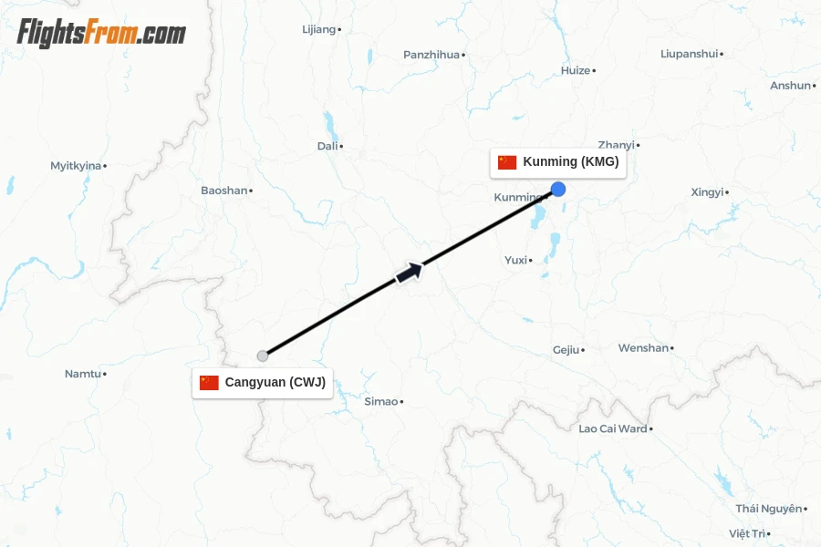 Flights from Cangyuan to Kunming route map