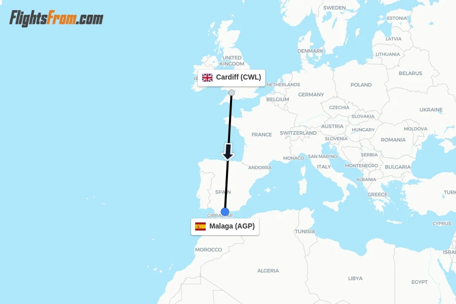 Flights from Cardiff to Malaga route map