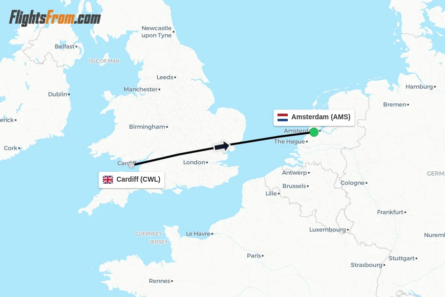 Flights from Cardiff to Amsterdam route map