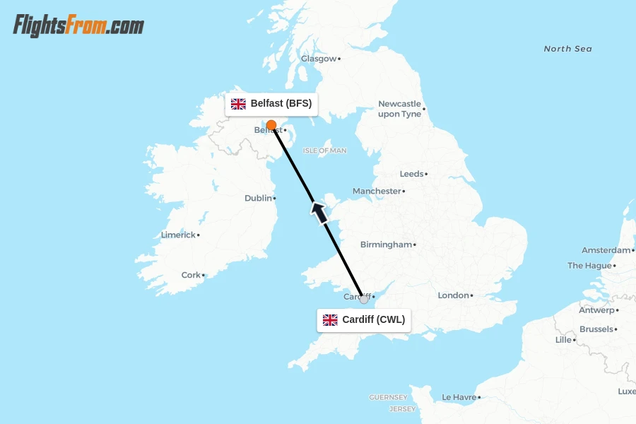 Flights from Cardiff to Belfast route map
