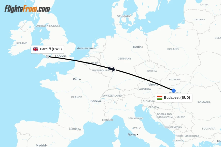 Flights from Cardiff to Budapest route map