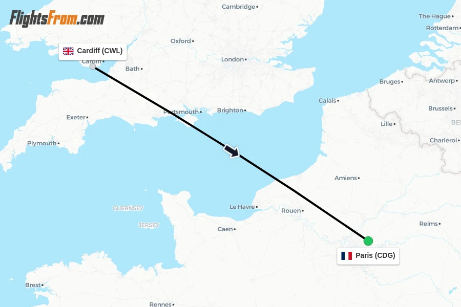 Flights from Cardiff to Paris route map