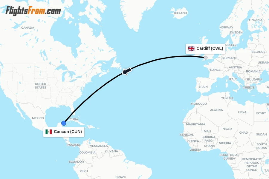 Flights from Cardiff to Cancun route map