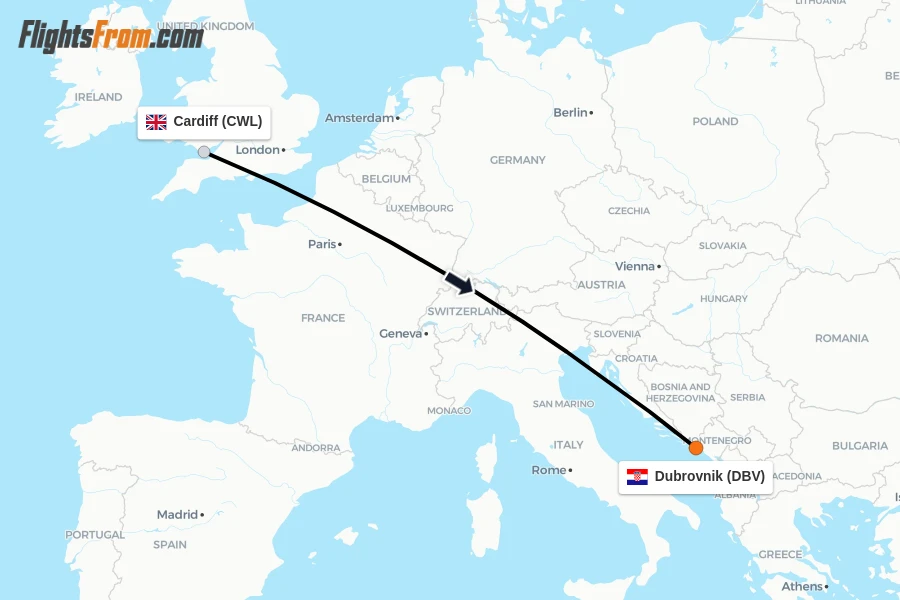 Flights from Cardiff to Dubrovnik route map