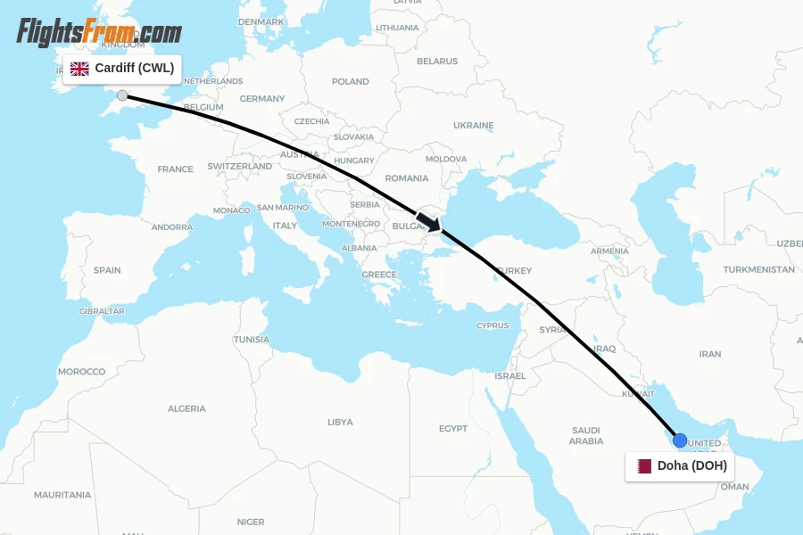 Flights from Cardiff to Doha route map
