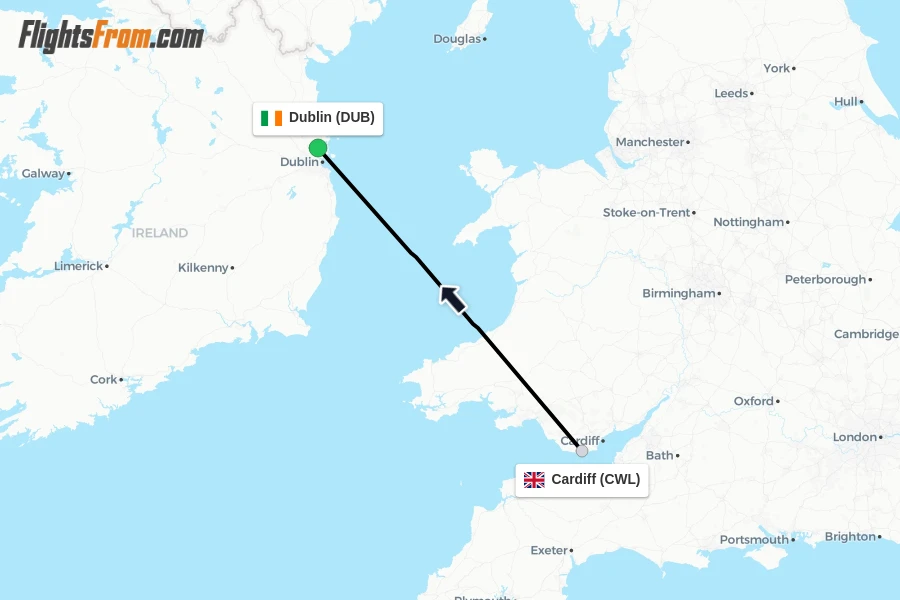 Flights from Cardiff to Dublin route map