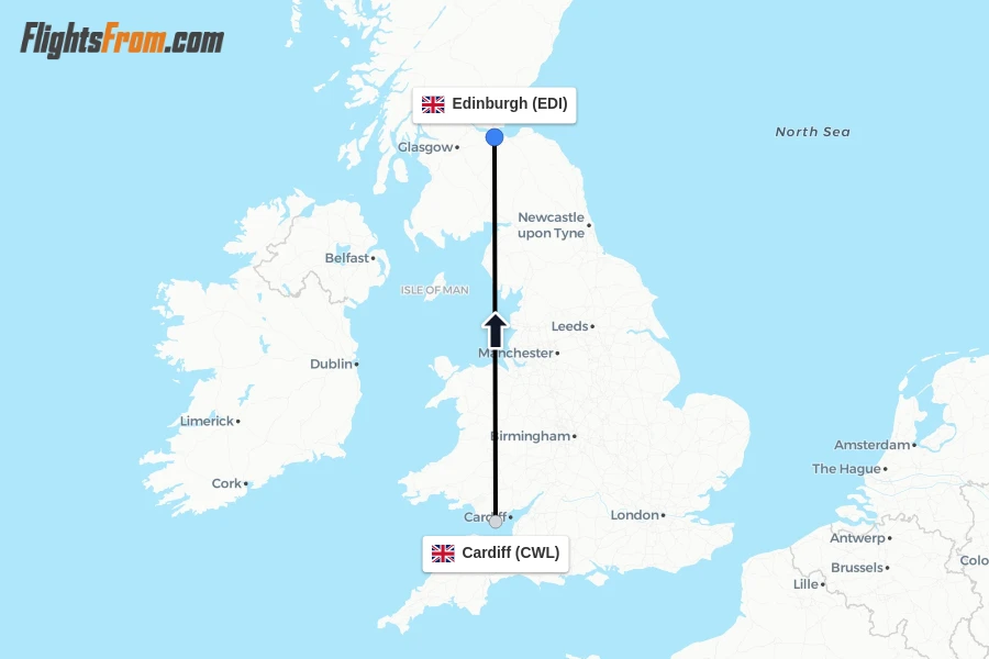 Flights from Cardiff to Edinburgh route map
