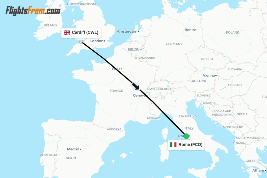 Flights from Cardiff to Rome route map