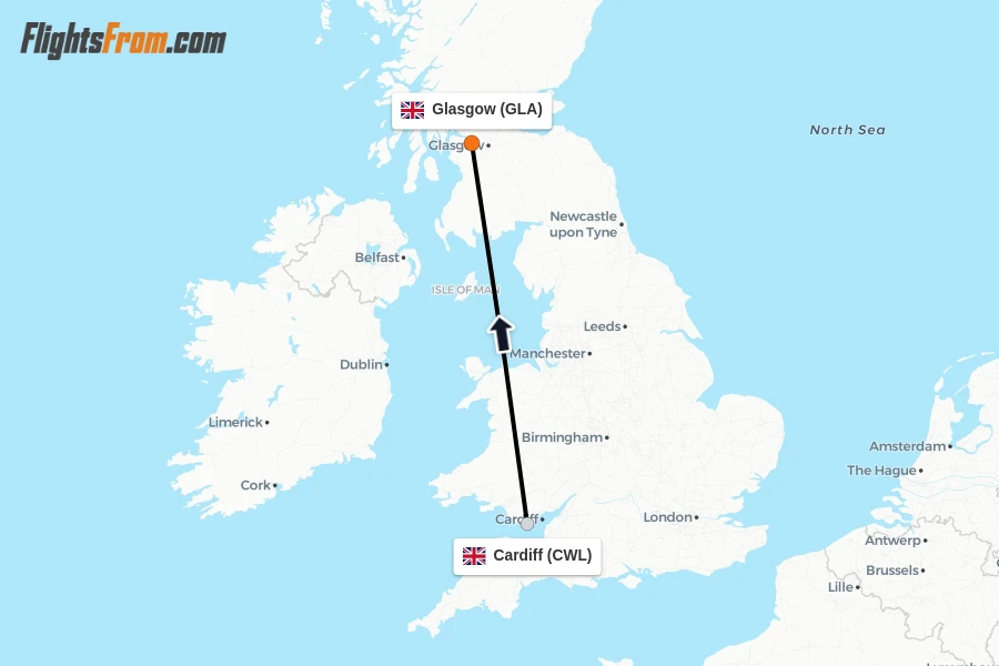 Flights from Cardiff to Glasgow route map