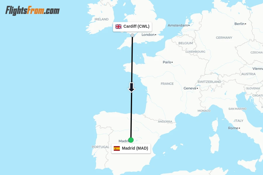 Flights from Cardiff to Madrid route map