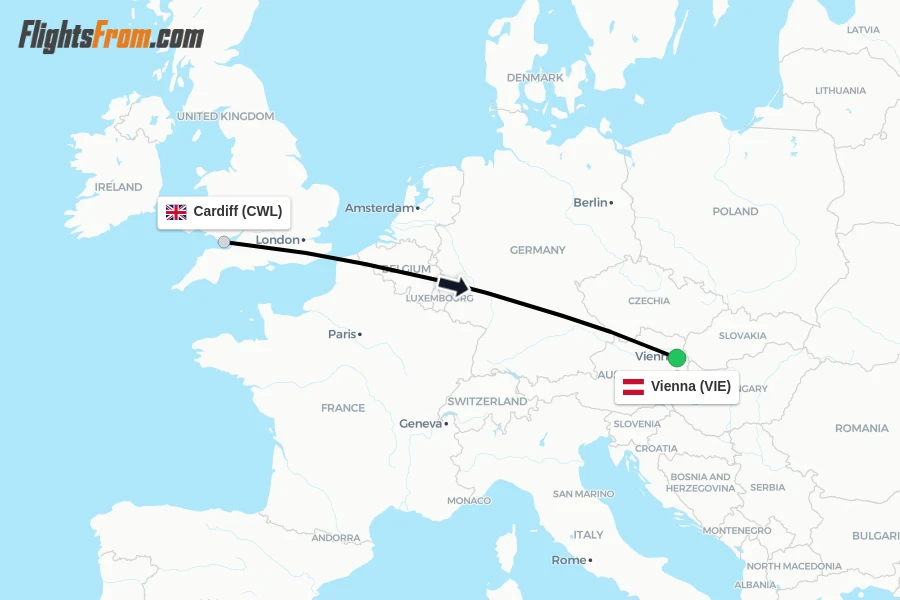 Flights from Cardiff to Vienna route map