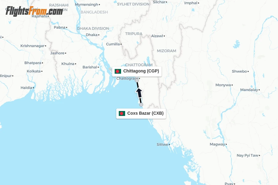 Flights from Coxs Bazar to Chittagong route map