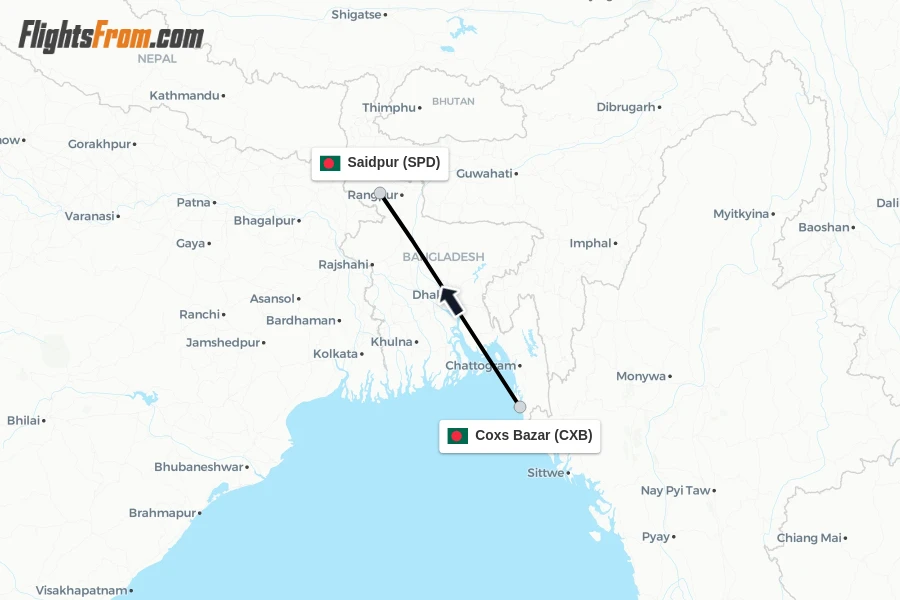 Flights from Coxs Bazar to Saidpur route map