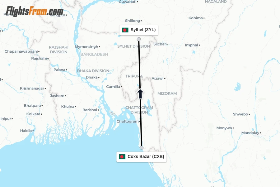 Flights from Coxs Bazar to Sylhet route map
