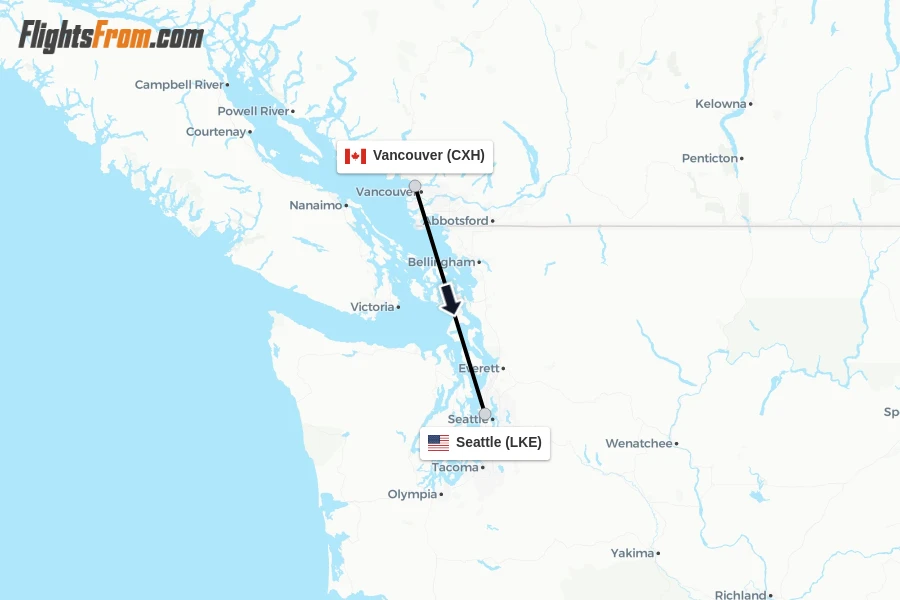 Flights from Vancouver to Seattle route map