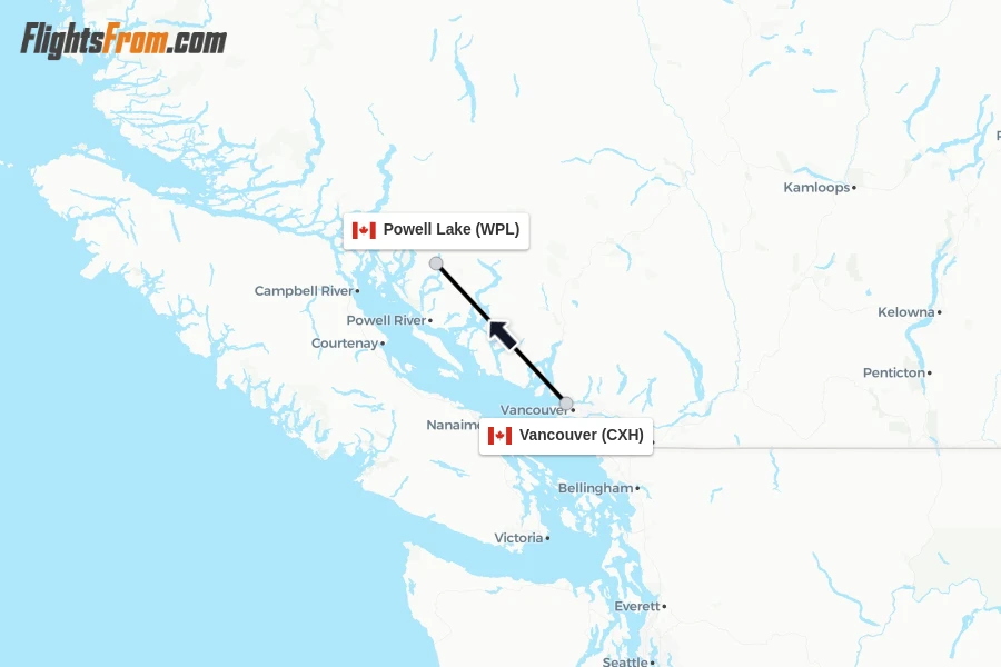 Flights from Vancouver to Powell Lake route map
