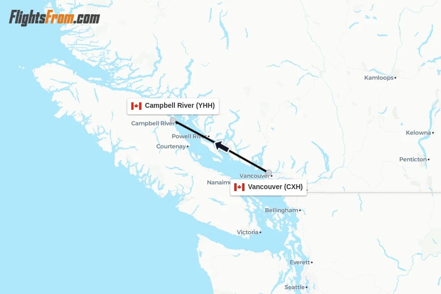 Flights from Vancouver to Campbell River route map
