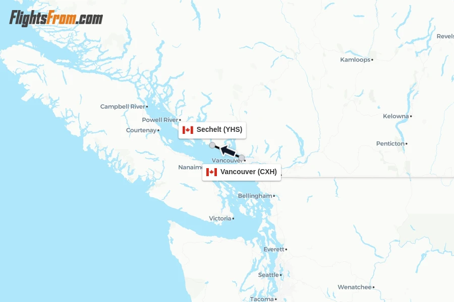 Flights from Vancouver to Sechelt route map