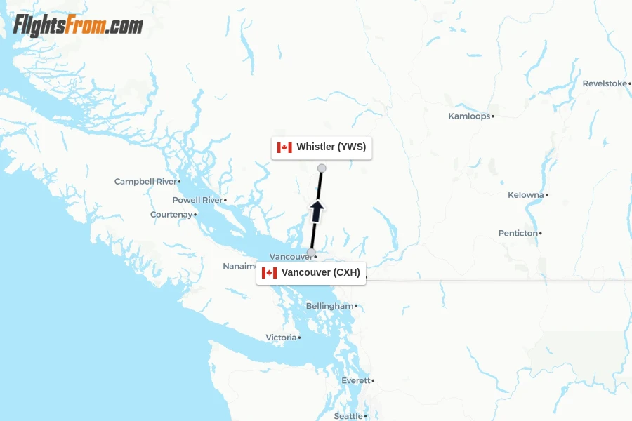 Flights from Vancouver to Whistler route map