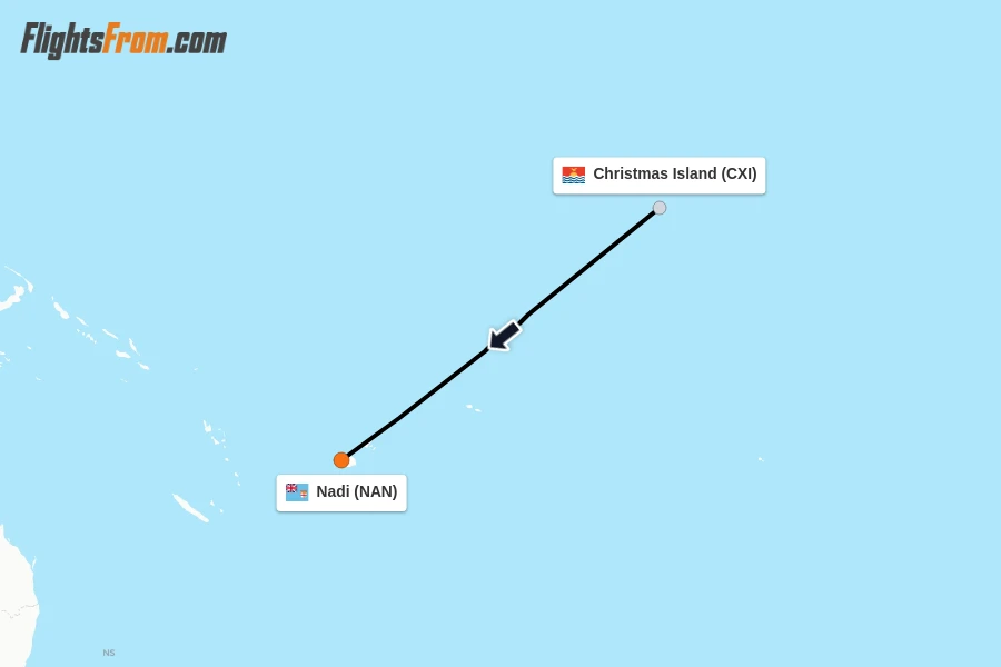 Flights from Christmas Island to Nadi route map