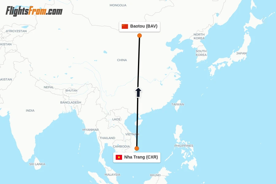 Flights from Nha Trang to Baotou route map