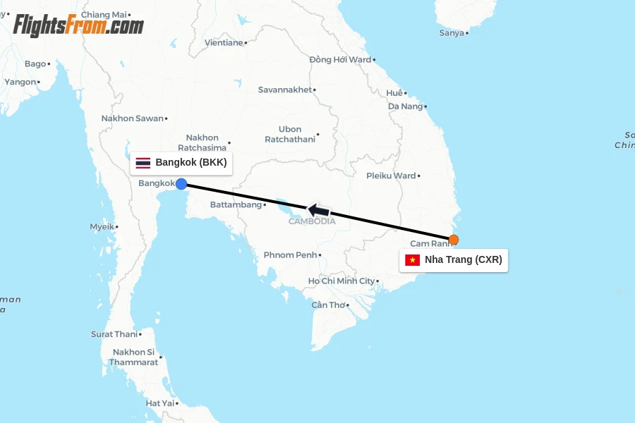 Flights from Nha Trang to Bangkok route map