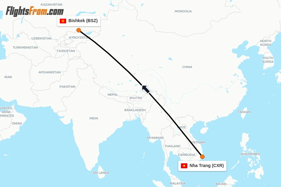 Flights from Nha Trang to Bishkek route map