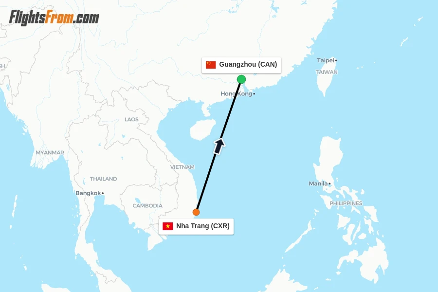 Flights from Nha Trang to Guangzhou route map
