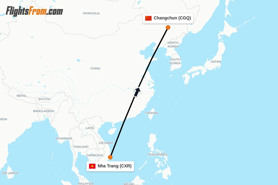 Flights from Nha Trang to Changchun route map