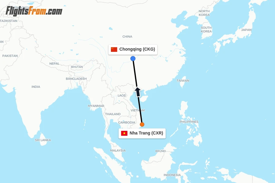 Flights from Nha Trang to Chongqing route map