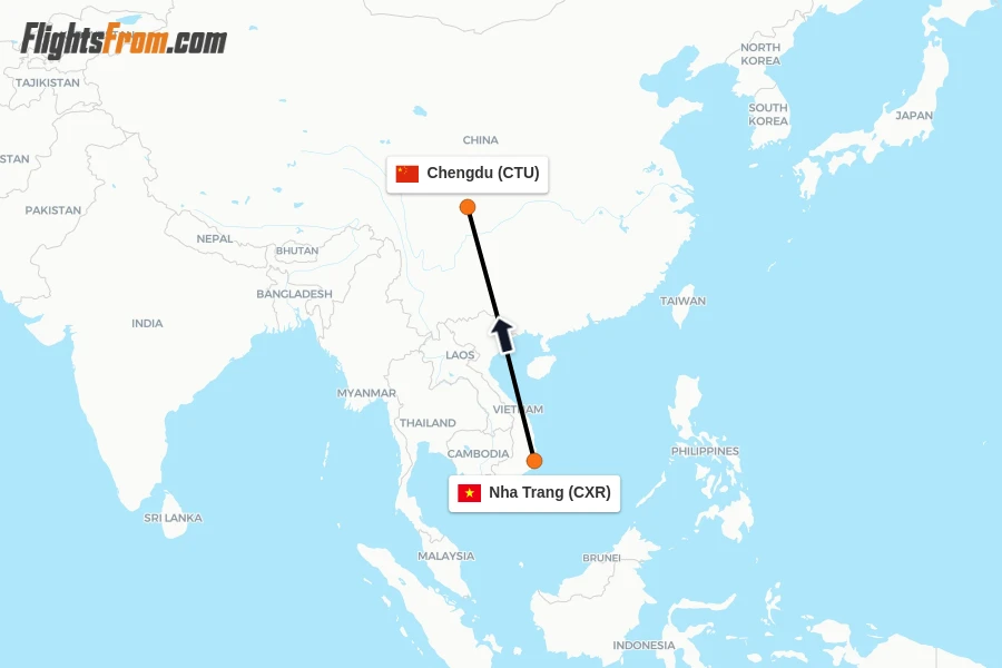 Flights from Nha Trang to Chengdu route map