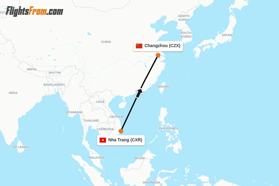 Flights from Nha Trang to Changzhou route map
