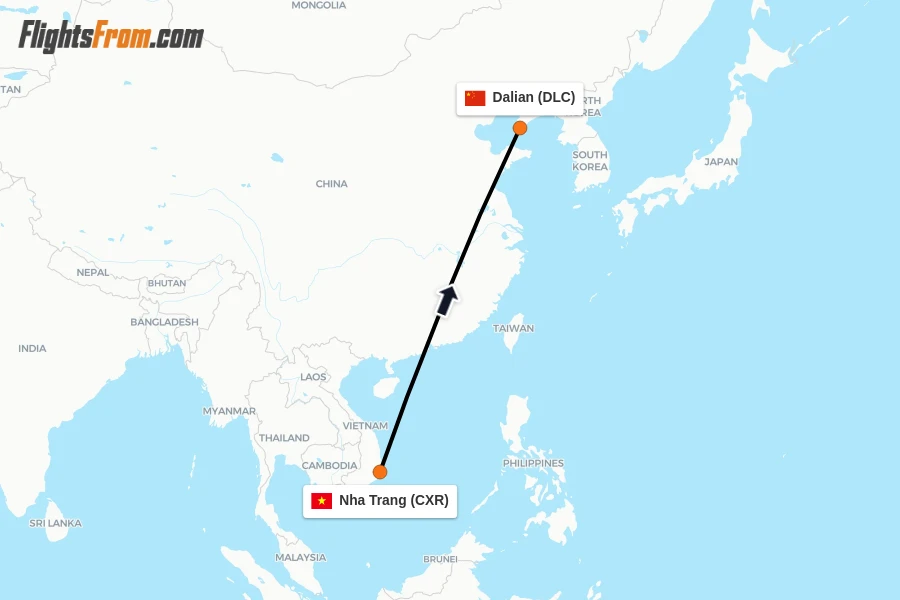 Flights from Nha Trang to Dalian route map