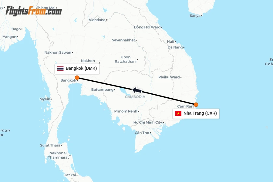Flights from Nha Trang to Bangkok route map