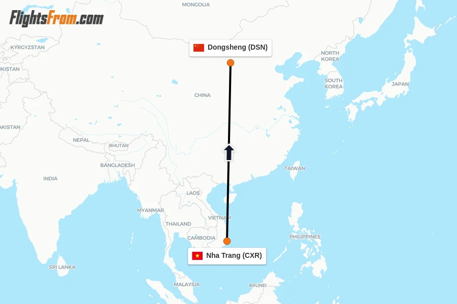 Flights from Nha Trang to Dongsheng route map