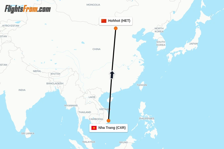 Flights from Nha Trang to Hohhot route map