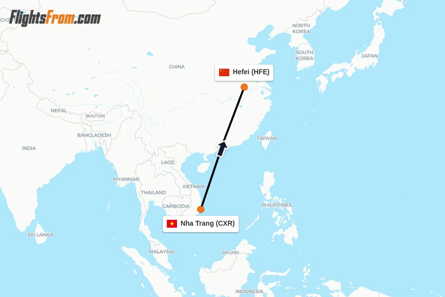 Flights from Nha Trang to Hefei route map