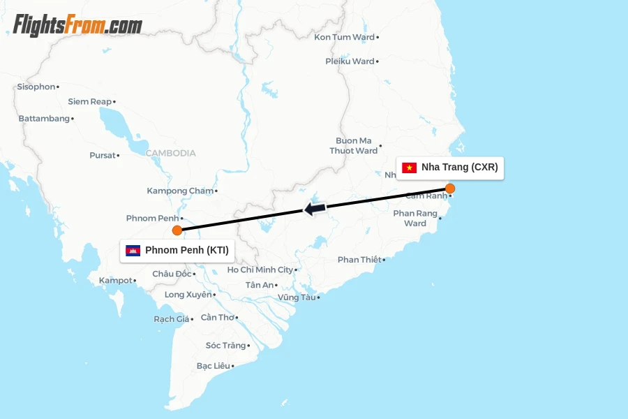 Flights from Nha Trang to Phnom Penh route map