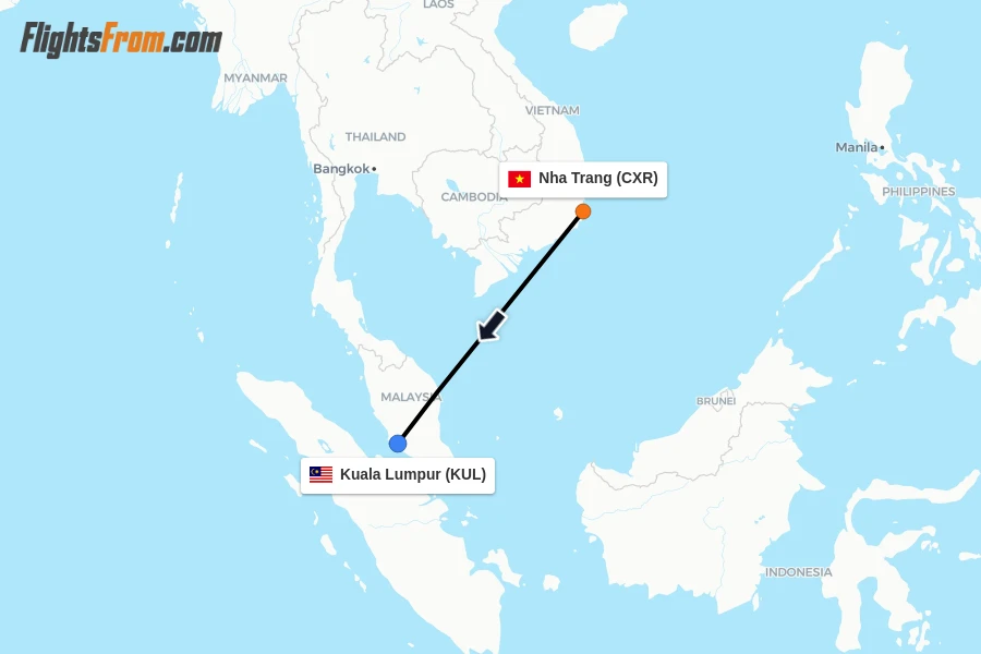Flights from Nha Trang to Kuala Lumpur route map