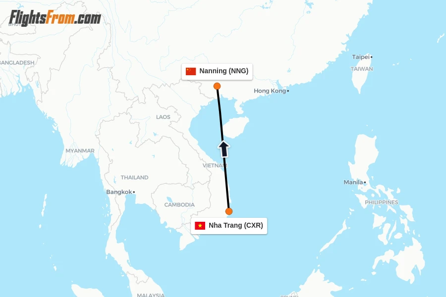 Flights from Nha Trang to Nanning route map