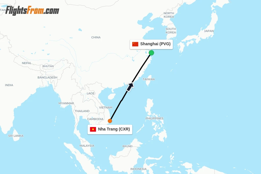 Flights from Nha Trang to Shanghai route map
