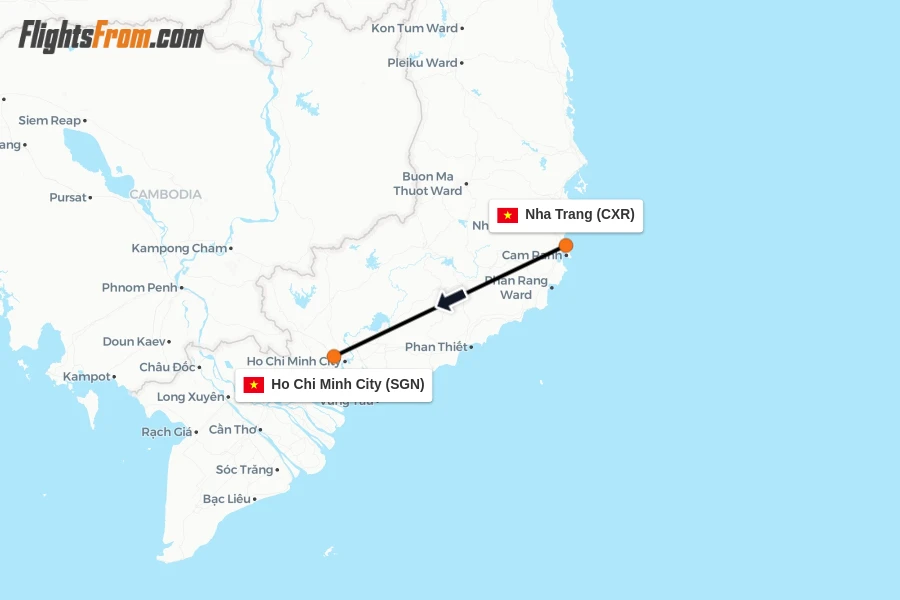 Flights from Nha Trang to Ho Chi Minh City route map