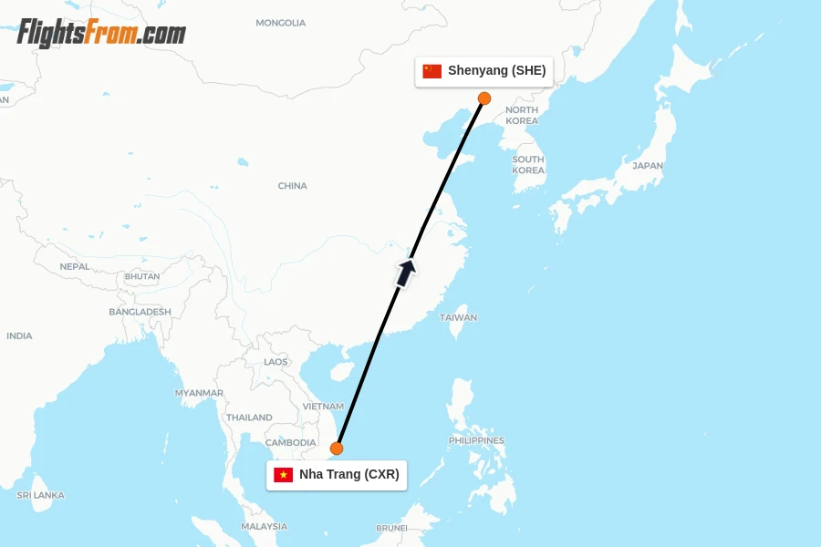 Flights from Nha Trang to Shenyang route map