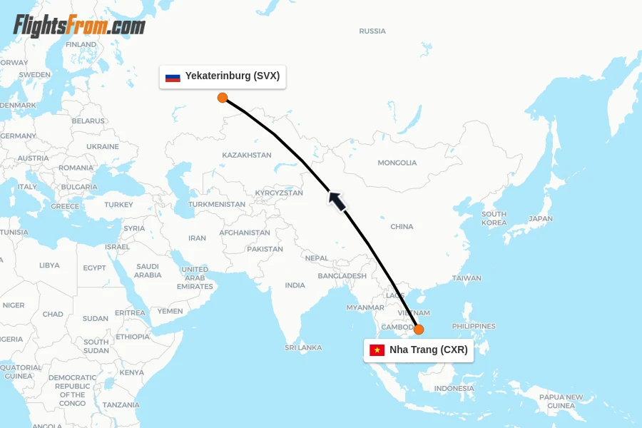 Flights from Nha Trang to Yekaterinburg route map