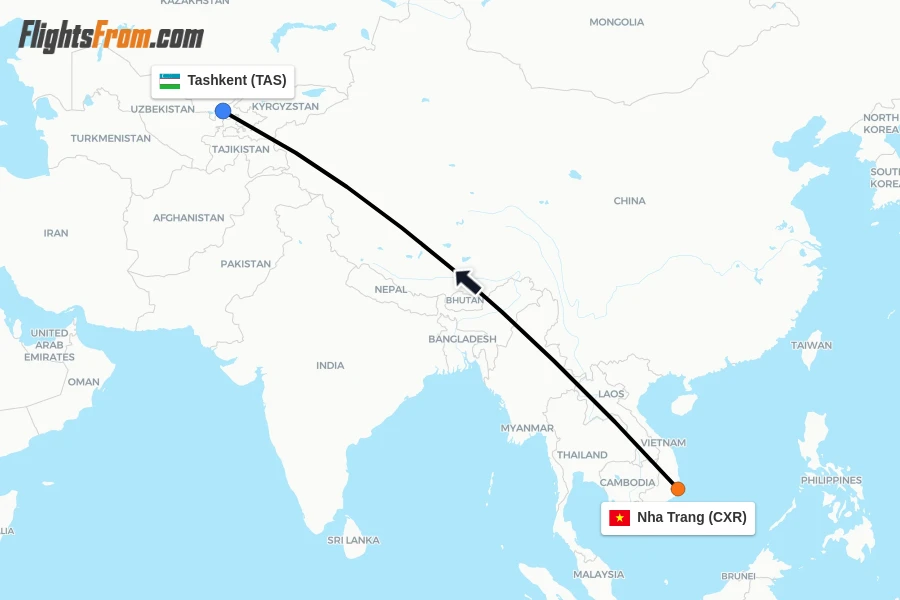 Flights from Nha Trang to Tashkent route map