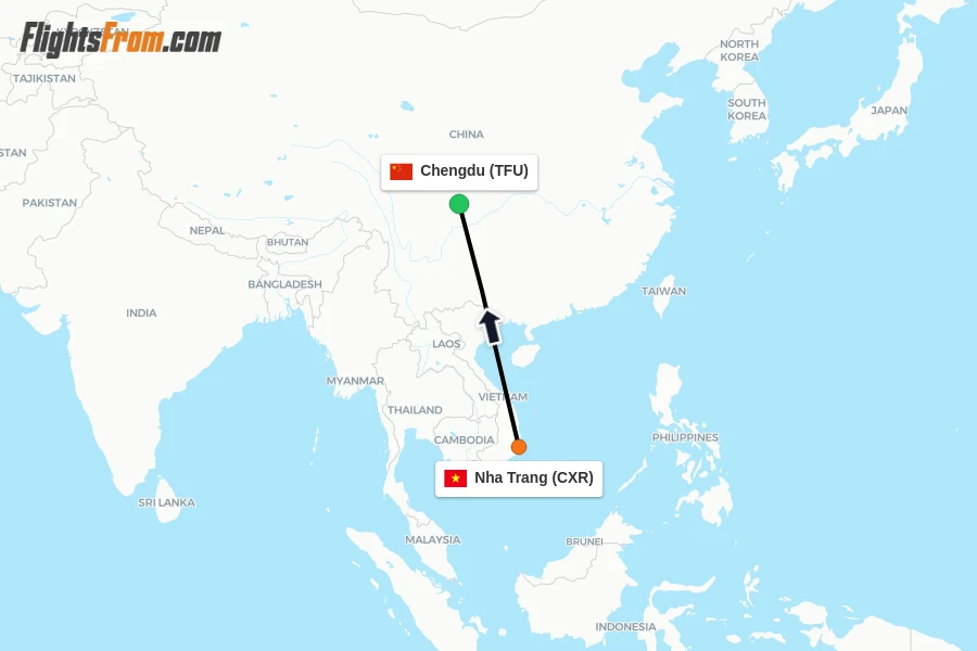 Flights from Nha Trang to Chengdu route map