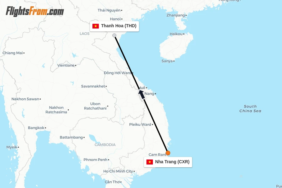 Flights from Nha Trang to Thanh Hoa route map