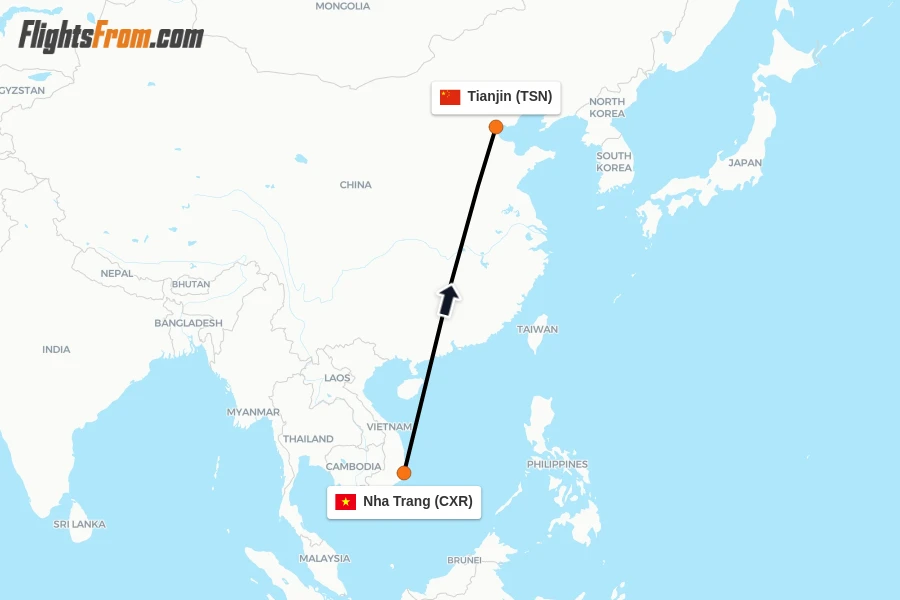 Flights from Nha Trang to Tianjin route map