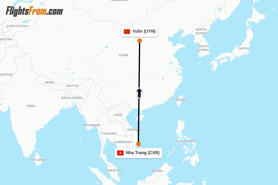 Flights from Nha Trang to Yulin route map