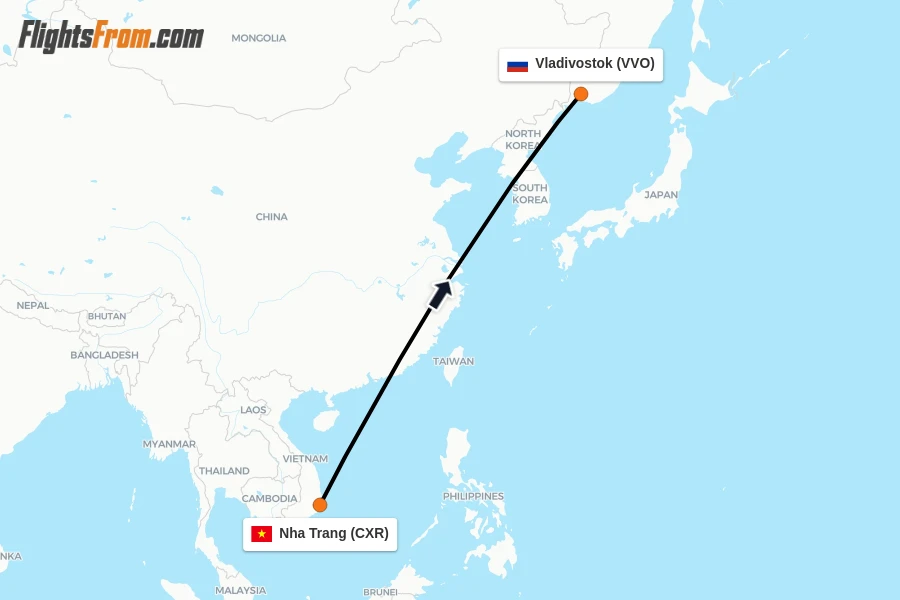 Flights from Nha Trang to Vladivostok route map
